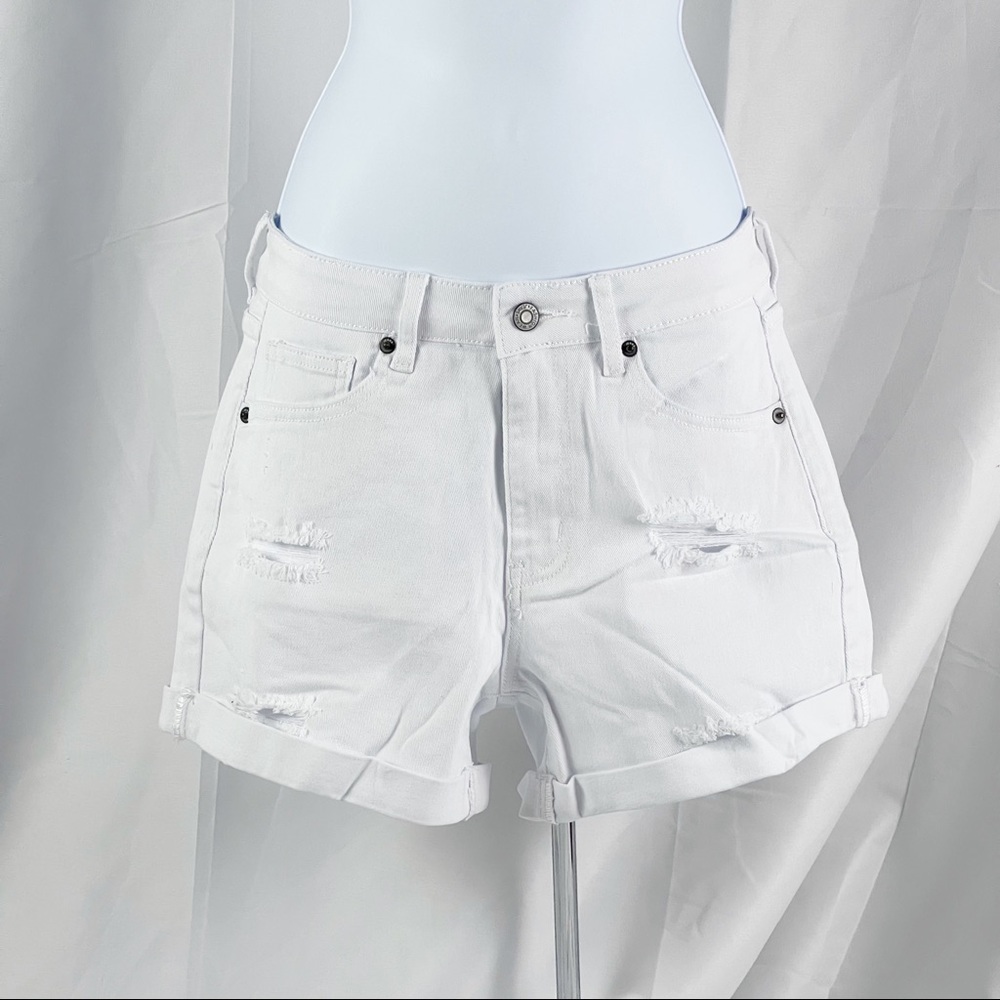 White Rolled—Up High Waist Distressed Denim Shorts - Picture 6 of 9